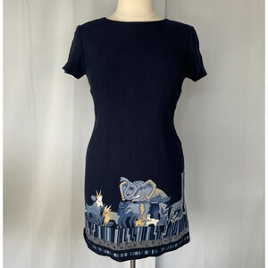 Vintage Pencil Dress Size 14 Navy Blue Animal Safari Novelty Print Short Sleeve